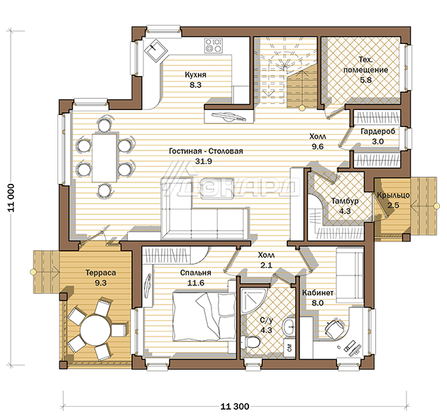 план 1 го этажа коттеджа Амелиа-204